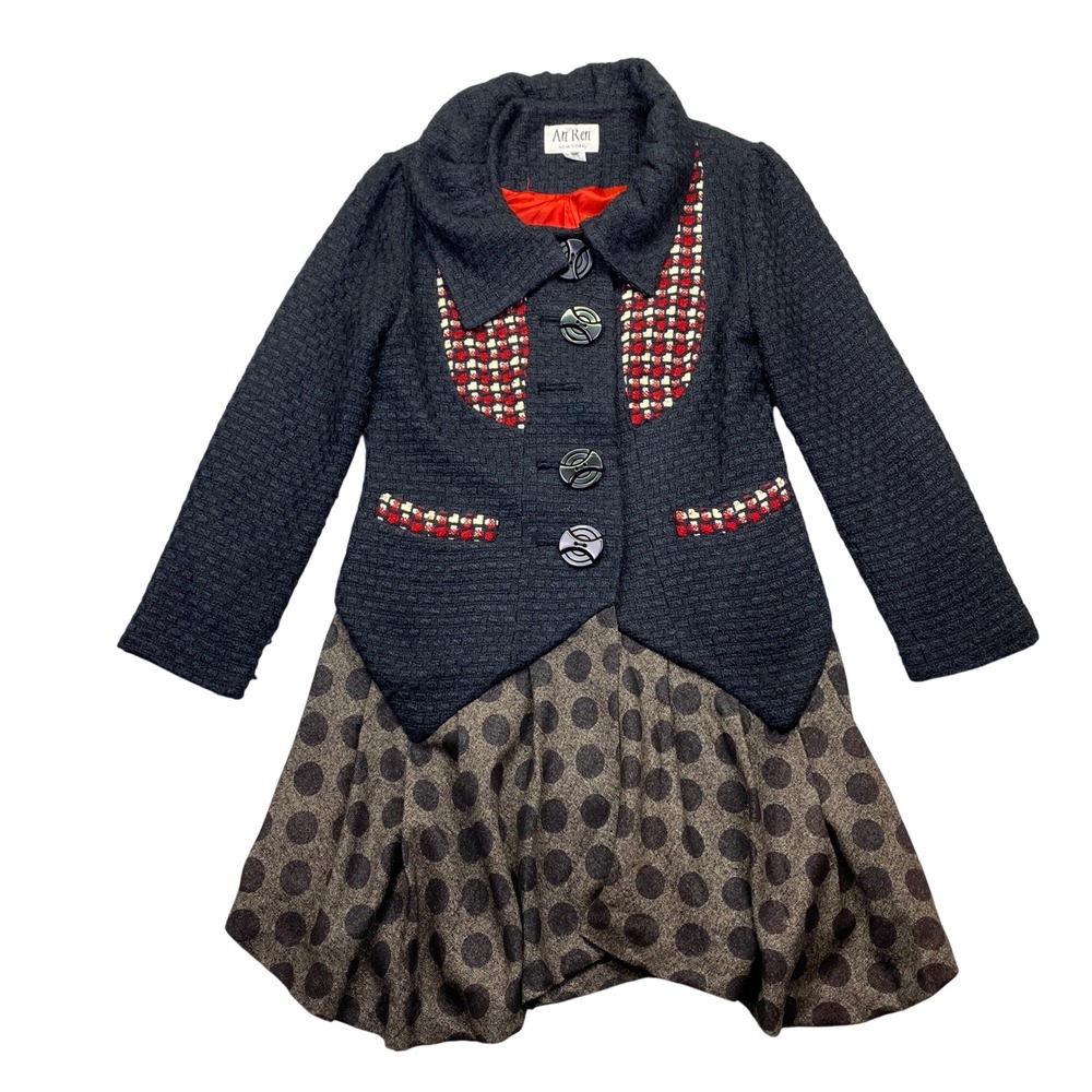 An Ren New York Black Wool Blend Polka Dot Bubble Hem Coat Dress Jacket Womens M